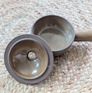 Vintage Ceramic Earth Tones Soup Bowls w/ Handle Lid Glazed Pottery Gravy Boat